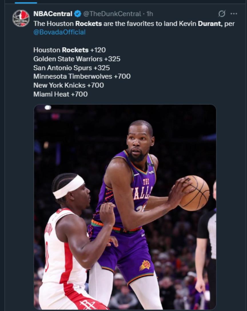 難道說？美媒曬杜蘭特下家賠率，火箭大幅度領(lǐng)跑！